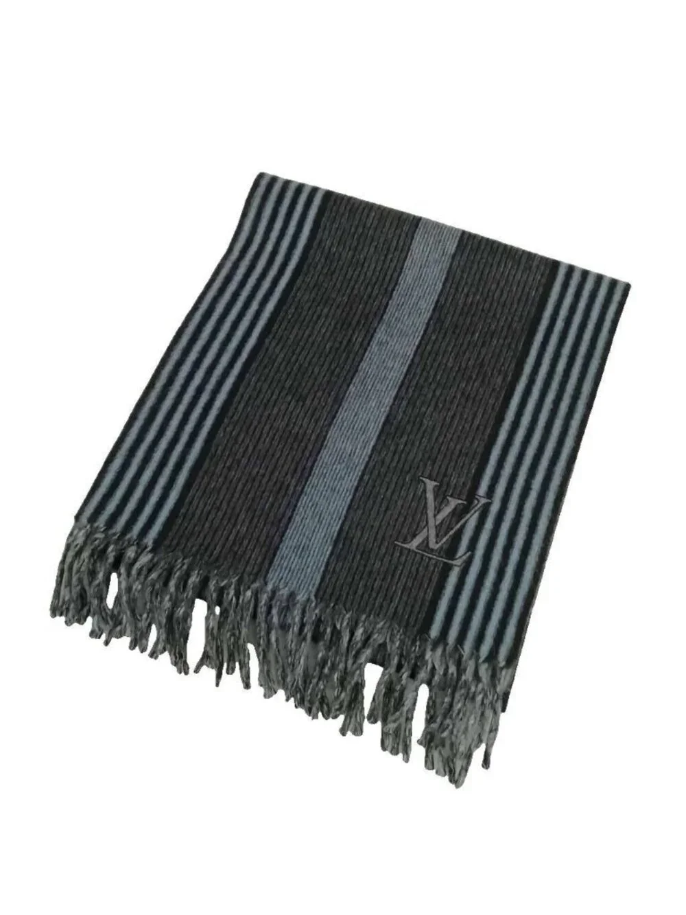 Louis Vuitton Cashmere Wool Striped Fringe Scarf LV Logo Embroidery Gray